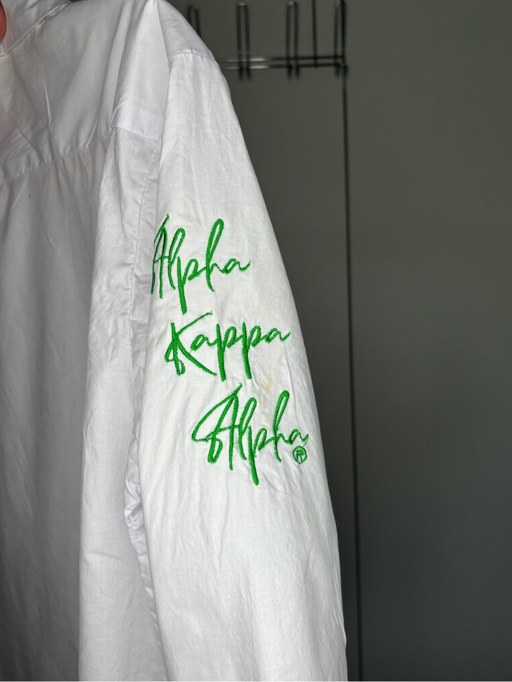 White Alpha Kappa Alpha Button-Up Shirt - Hot Pink & Green appliqué Lettering - Picture 3 of 4